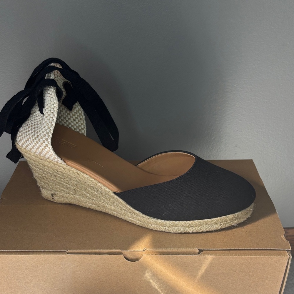 J. Crew Black and Cream Espadrille Wedges